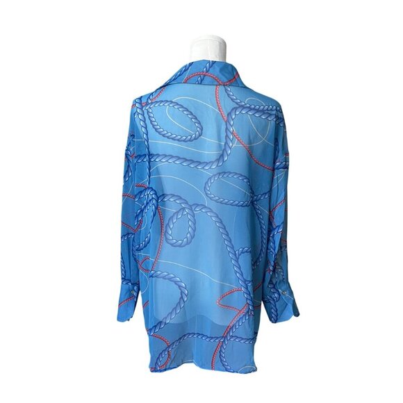 Zara Sheer Nautical Button Down Top M Blouse Oversized Preppy Beach Chain Rope - Picture 5 of 11